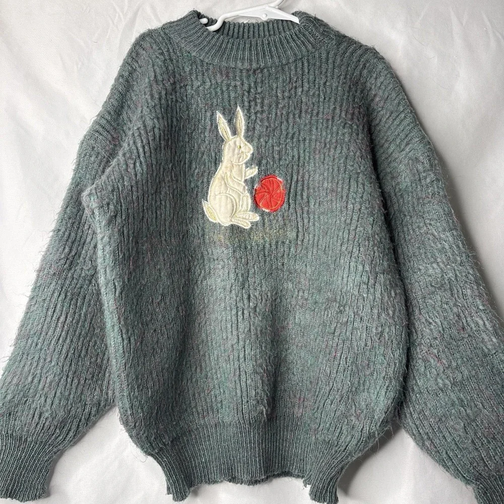 Vtg‎ Handknitted Kids Green Speckled Pink Embroidered white Bunny Sweater Easter